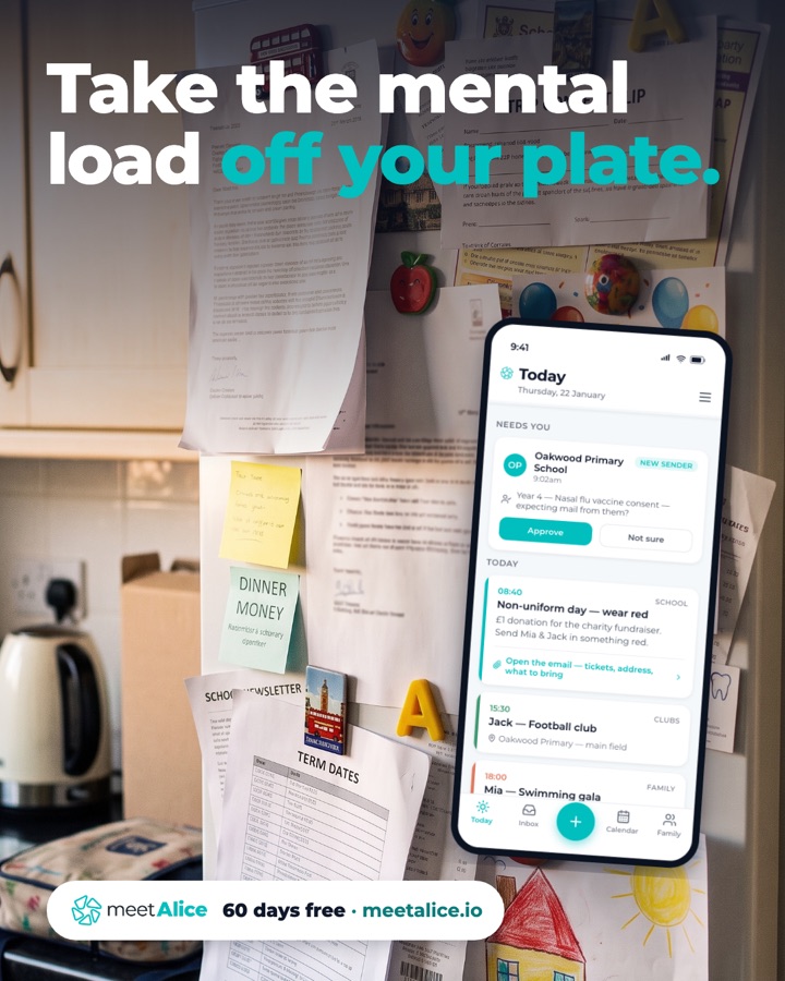 Take the mental load off your plate — a fridge covered in school letters next to the MeetAlice Today view